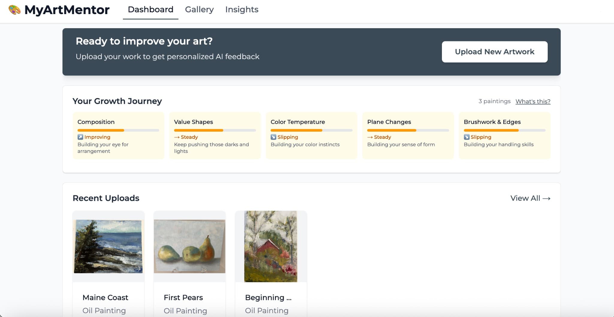 Dashboard view showing recent artwork and navigation