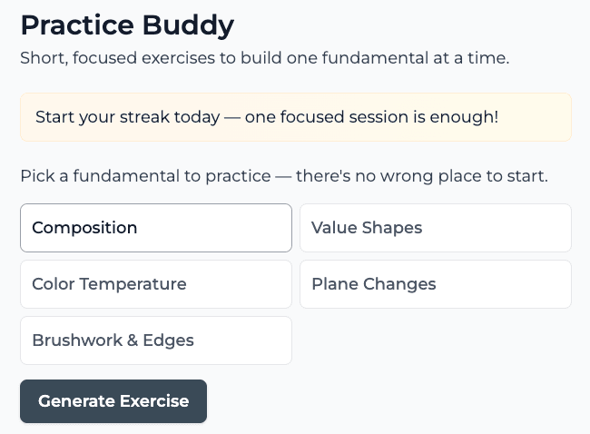 MyArtMentor Practice feature
