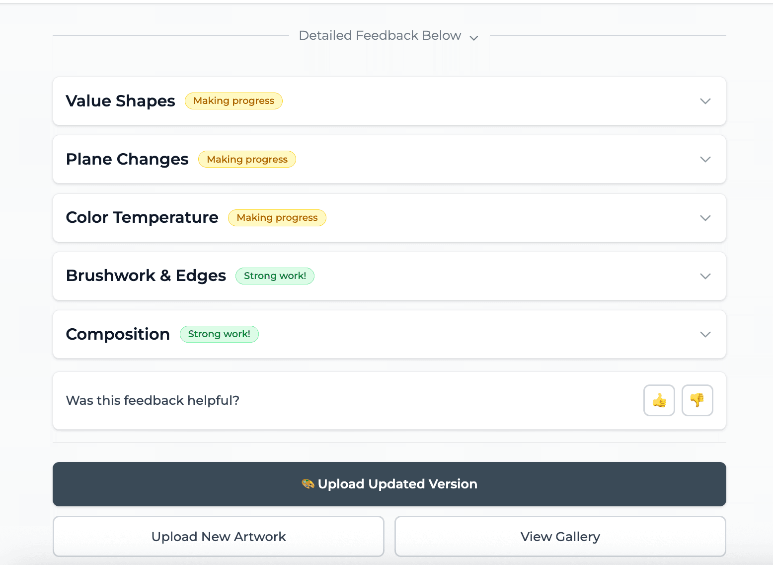 Feedback page bottom: detailed categories and action buttons