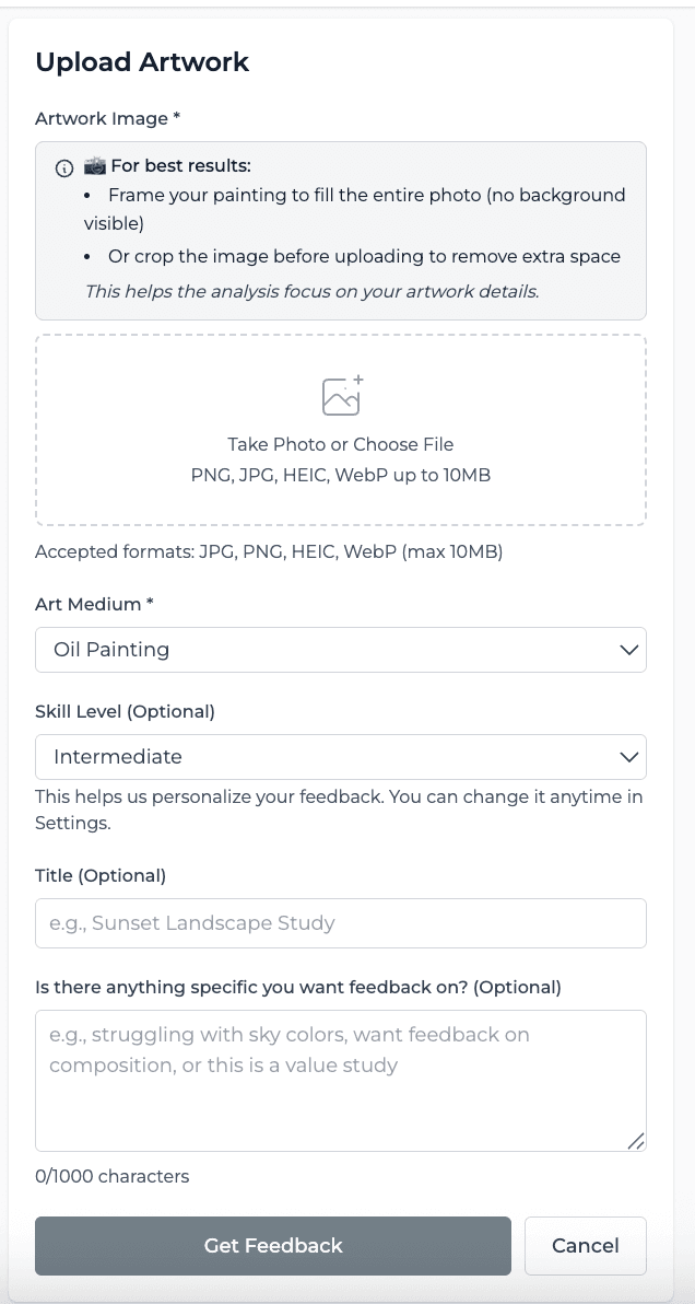 Upload form with artwork image, medium, skill level, and feedback options